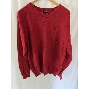 Izod Sweater  Cotton Diamond Front Knit Long Sleeve Red XL